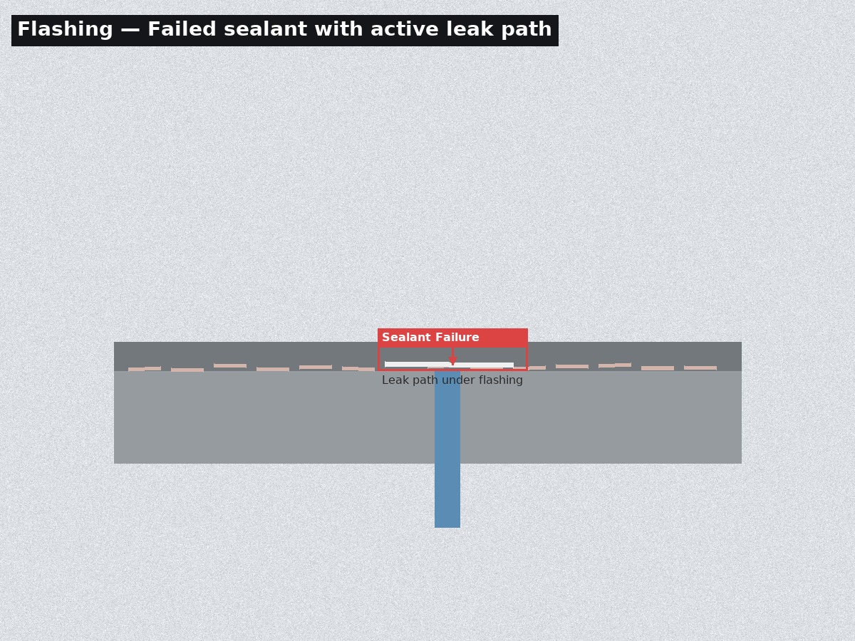 Failed sealant at flashing with leak path